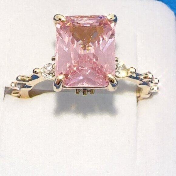 Princess Cut Pink CZ Ring – Gold Plated Micro Inlay, Sizes 5 - Picture 2 of 5